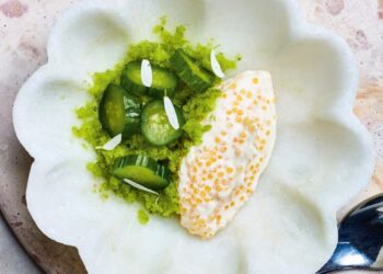 GRANIZADO DE GRANNY SMITH Y PEPINO CON CREMA DE NATA AGRIA Y HUEVAS DE PESCADO BLANCO